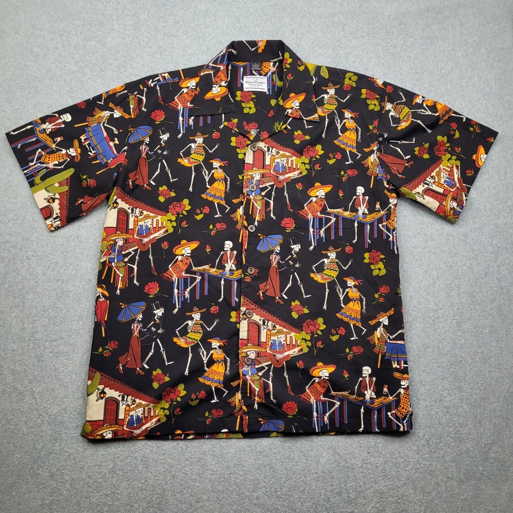 David Carey Button Up Shirt Mens Large Black Day of the Dead Skeleton Camp Shirt